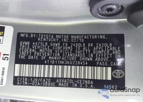 2019 Toyota Camry Le z USA, uszkodzony, nr VIN 4T1B11HK3KU228454